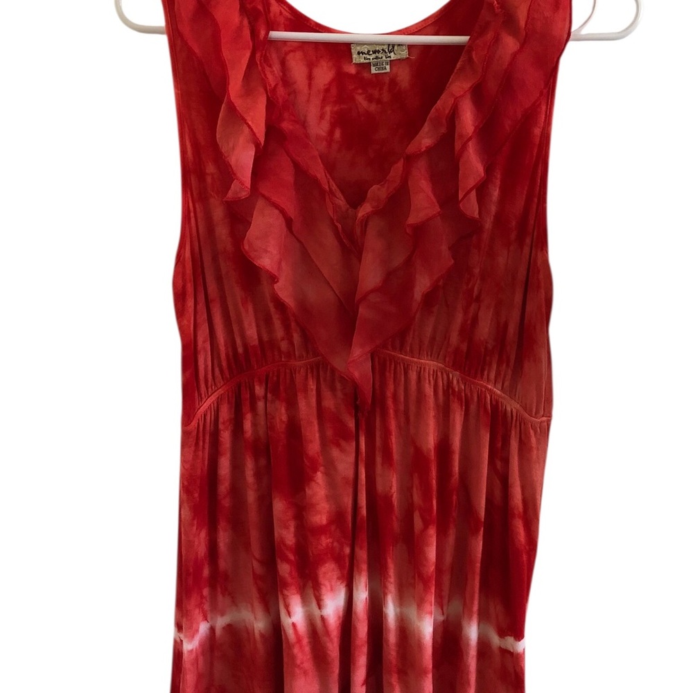 Sz M ONE WORLD Coral Red Tie-Dye Maxi Dress Long Tunic Fairycore Art To Wear